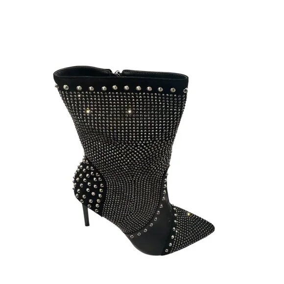 Azalea Wang Studded Stiletto Ankle Boots Black Rhinestone Pointed Toe High Heel - Picture 5 of 5